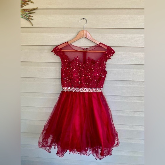 Dancing Queen baby doll red scarlet prom dress mini cap sleeve lace appliqué XS - Picture 11 of 15
